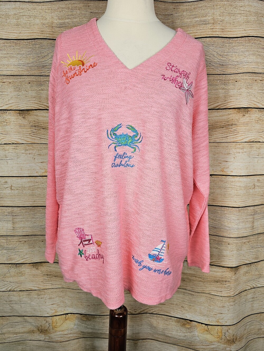 Belle Beach by Kim Gravel Pink Embroidered Whimsical Top Shirt Size 1X